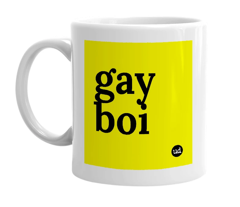 White mug with 'gay boi' in bold black letters