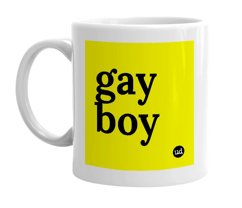 White mug with 'gay boy' in bold black letters