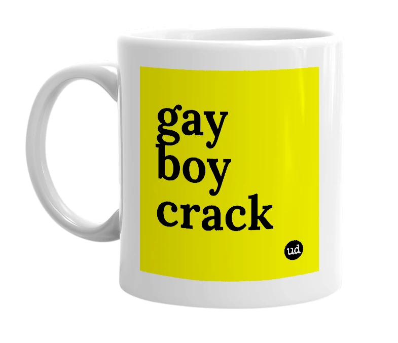 White mug with 'gay boy crack' in bold black letters