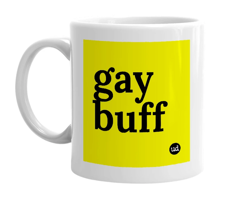 White mug with 'gay buff' in bold black letters