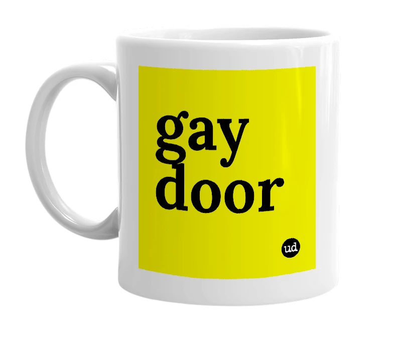 White mug with 'gay door' in bold black letters
