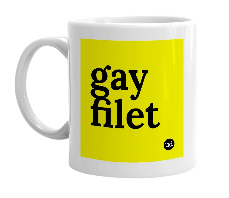 White mug with 'gay filet' in bold black letters