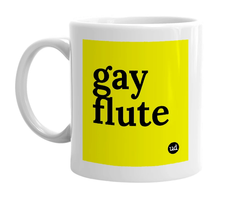 White mug with 'gay flute' in bold black letters