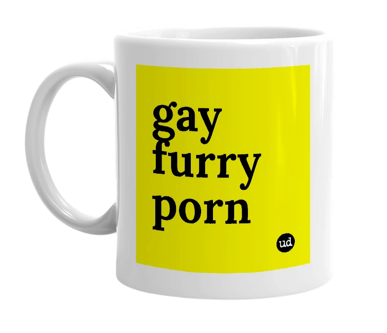White mug with 'gay furry porn' in bold black letters