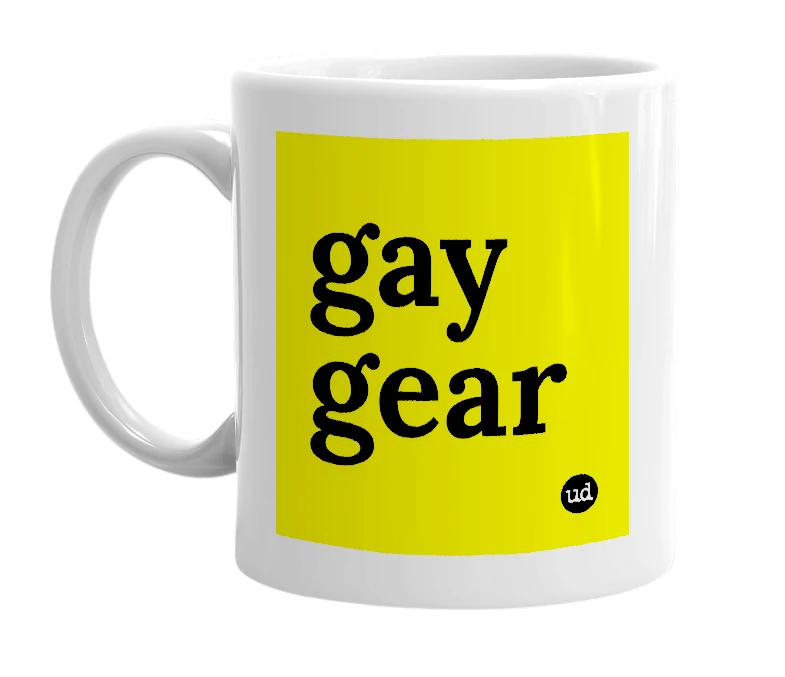 White mug with 'gay gear' in bold black letters