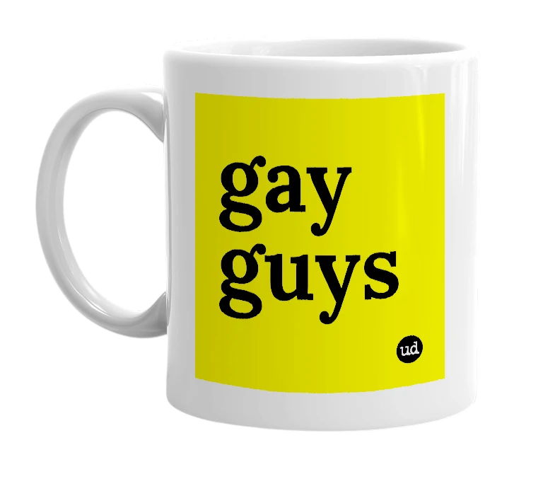 White mug with 'gay guys' in bold black letters
