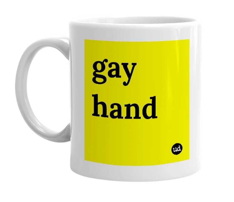 White mug with 'gay hand' in bold black letters