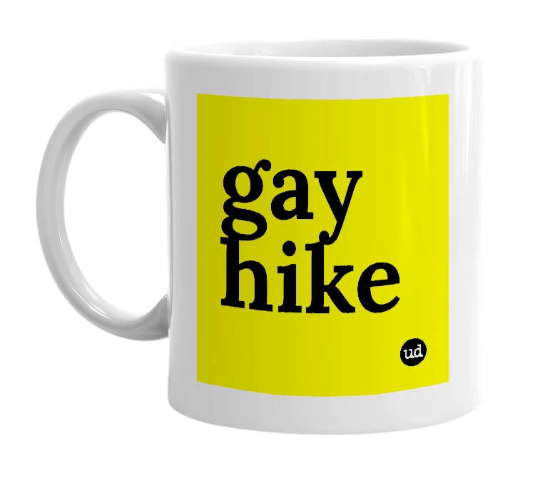 White mug with 'gay hike' in bold black letters