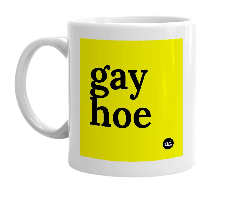 White mug with 'gay hoe' in bold black letters