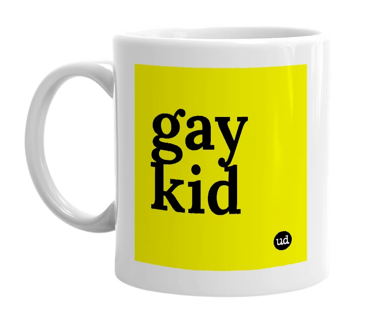 White mug with 'gay kid' in bold black letters