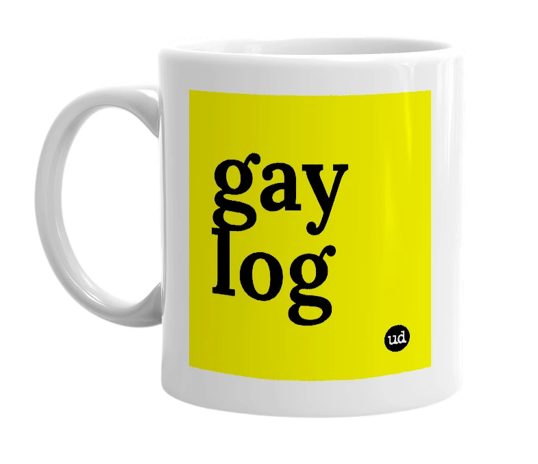 White mug with 'gay log' in bold black letters