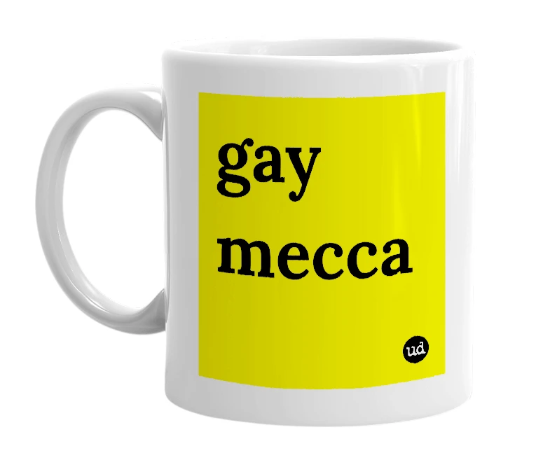 White mug with 'gay mecca' in bold black letters