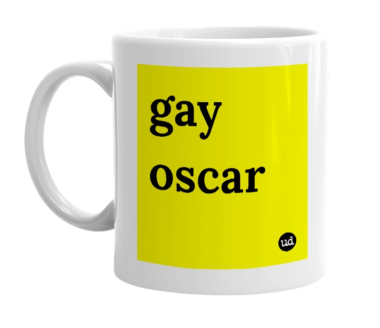 White mug with 'gay oscar' in bold black letters
