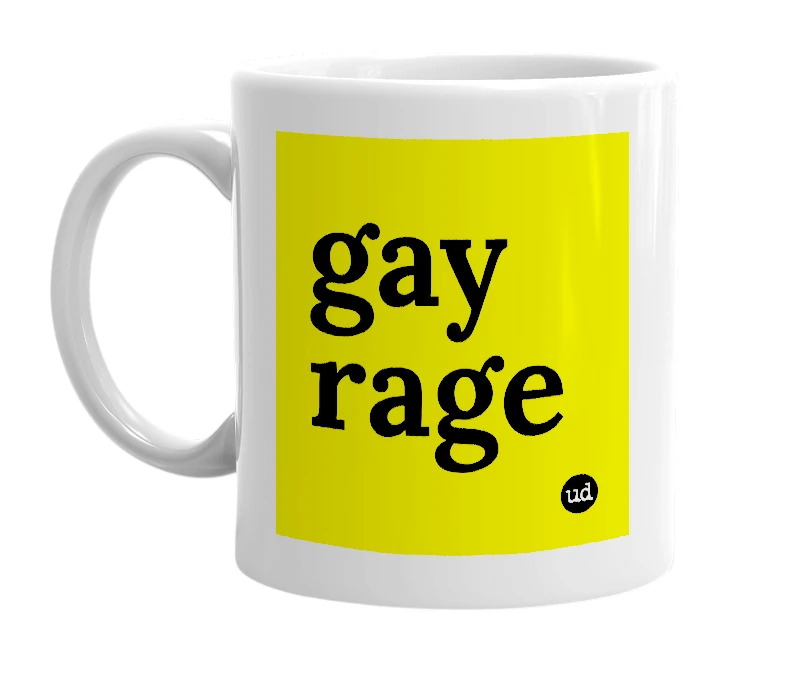 White mug with 'gay rage' in bold black letters