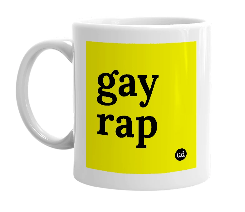 White mug with 'gay rap' in bold black letters