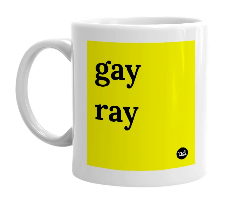 White mug with 'gay ray' in bold black letters