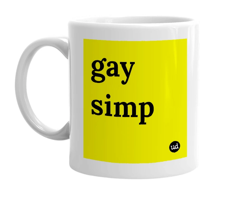 White mug with 'gay simp' in bold black letters