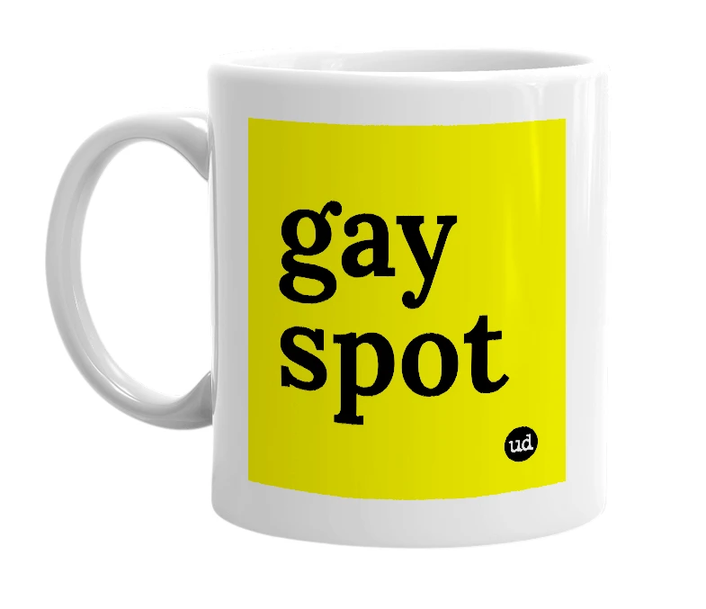 White mug with 'gay spot' in bold black letters