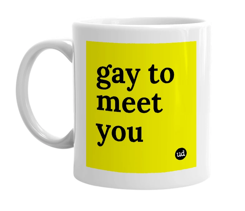 White mug with 'gay to meet you' in bold black letters