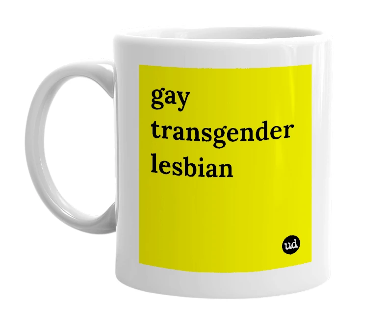 White mug with 'gay transgender lesbian' in bold black letters