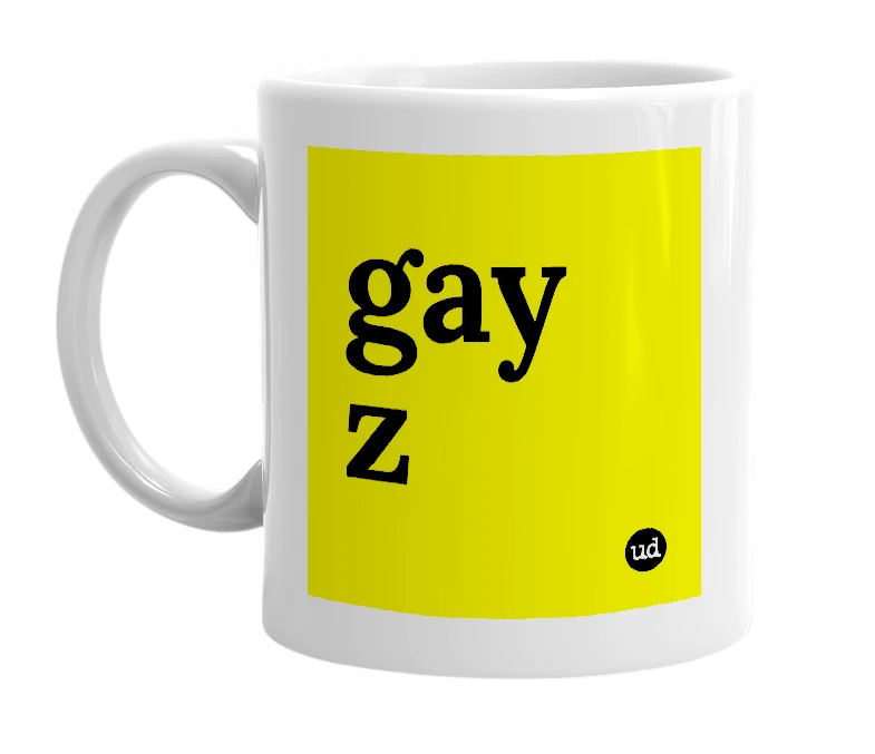 White mug with 'gay z' in bold black letters