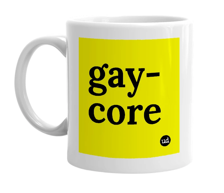 White mug with 'gay-core' in bold black letters