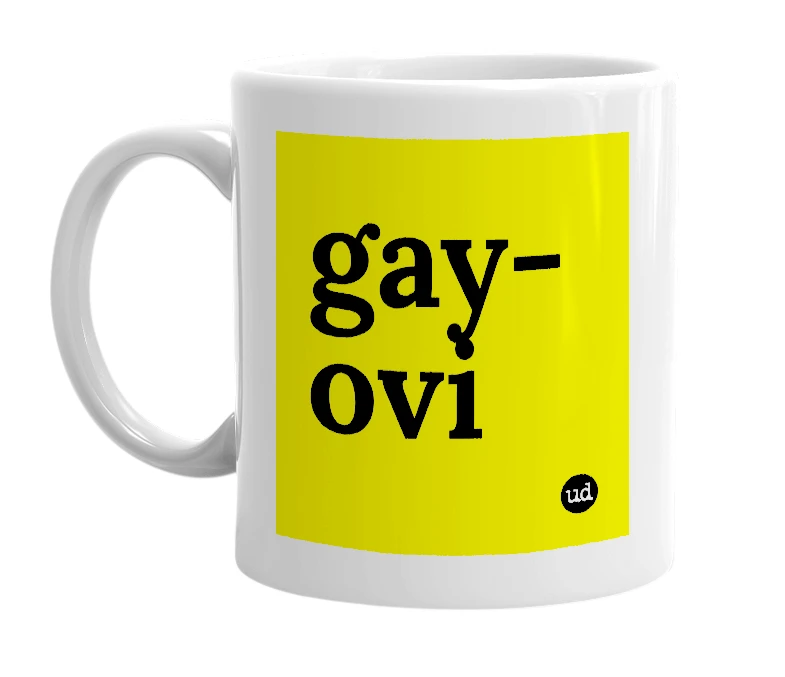White mug with 'gay-ovi' in bold black letters