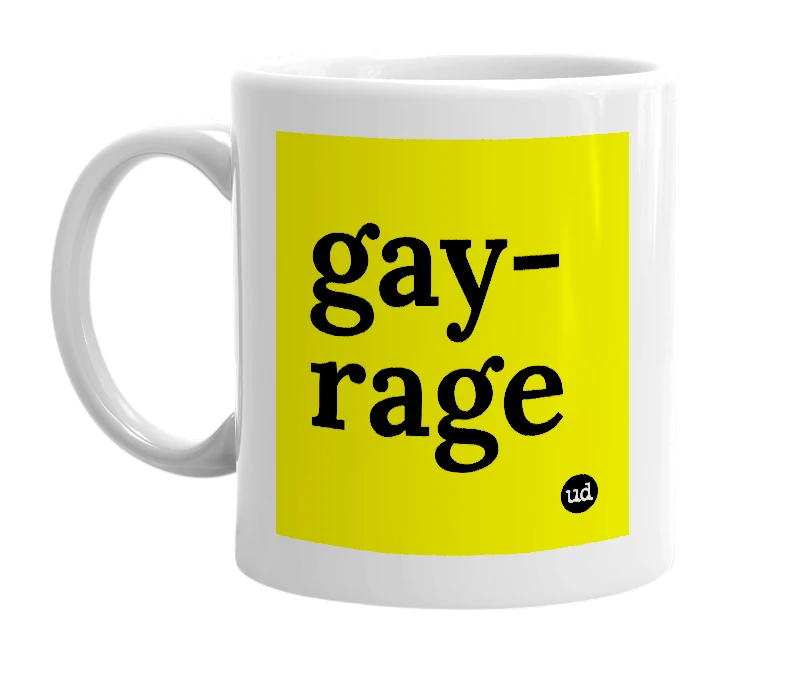 White mug with 'gay-rage' in bold black letters