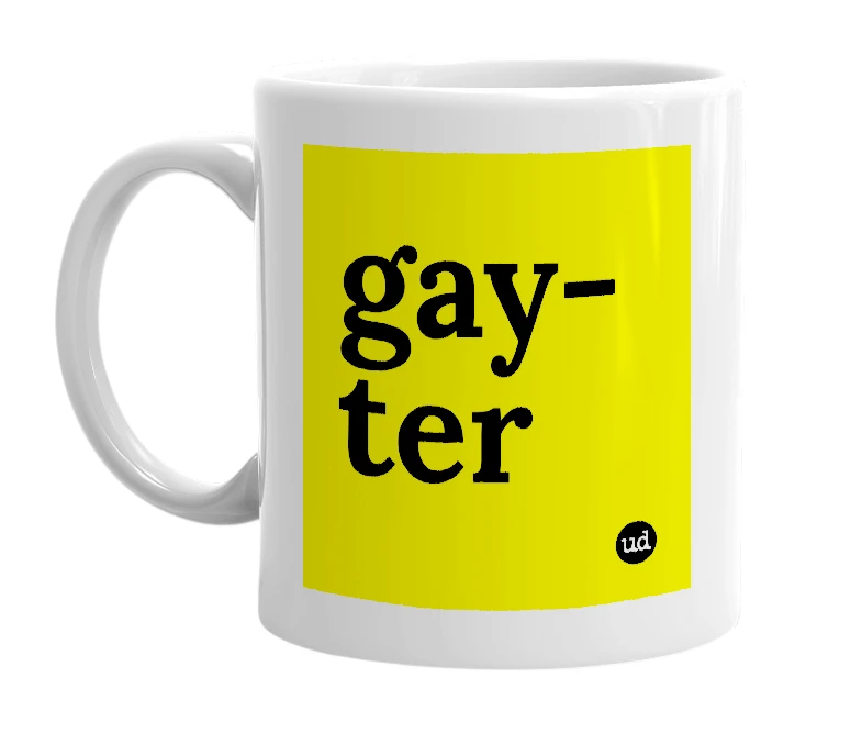 White mug with 'gay-ter' in bold black letters
