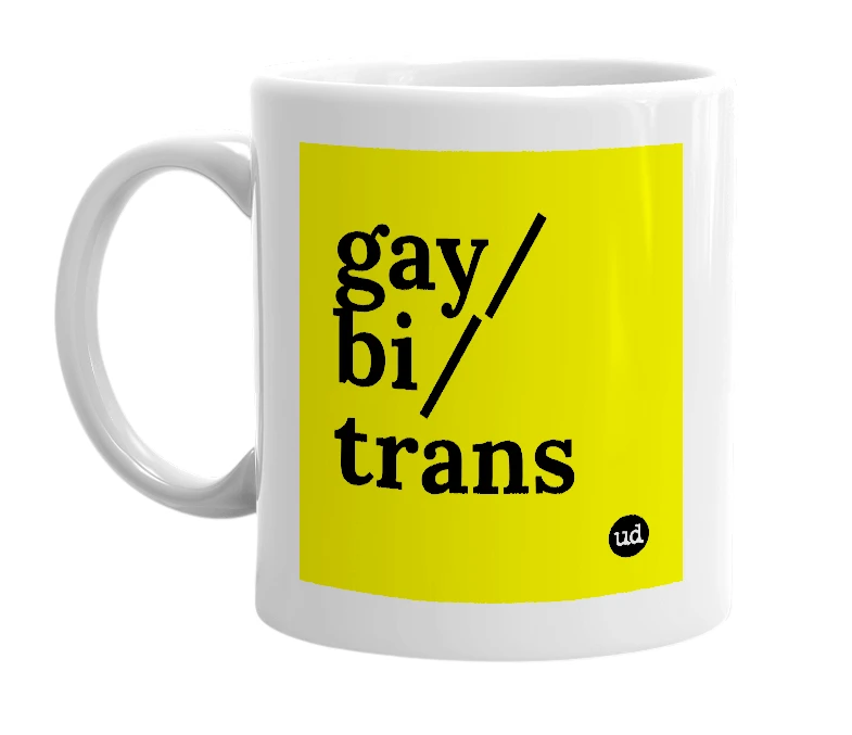 White mug with 'gay/bi/trans' in bold black letters