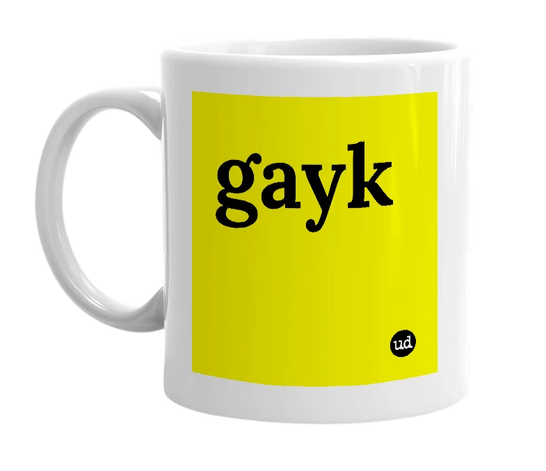 White mug with 'gayk' in bold black letters