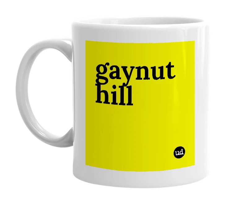 White mug with 'gaynut hill' in bold black letters