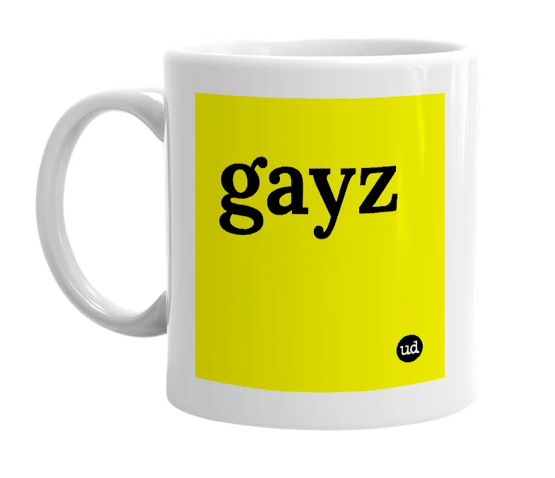 White mug with 'gayz' in bold black letters