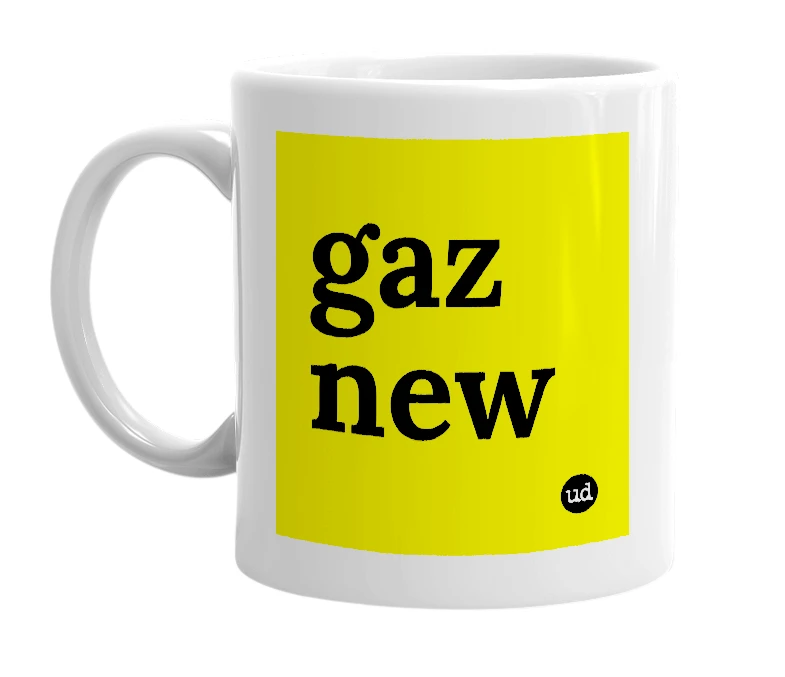 White mug with 'gaz new' in bold black letters