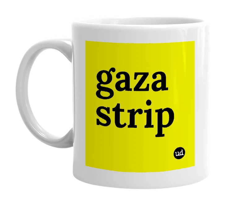 White mug with 'gaza strip' in bold black letters