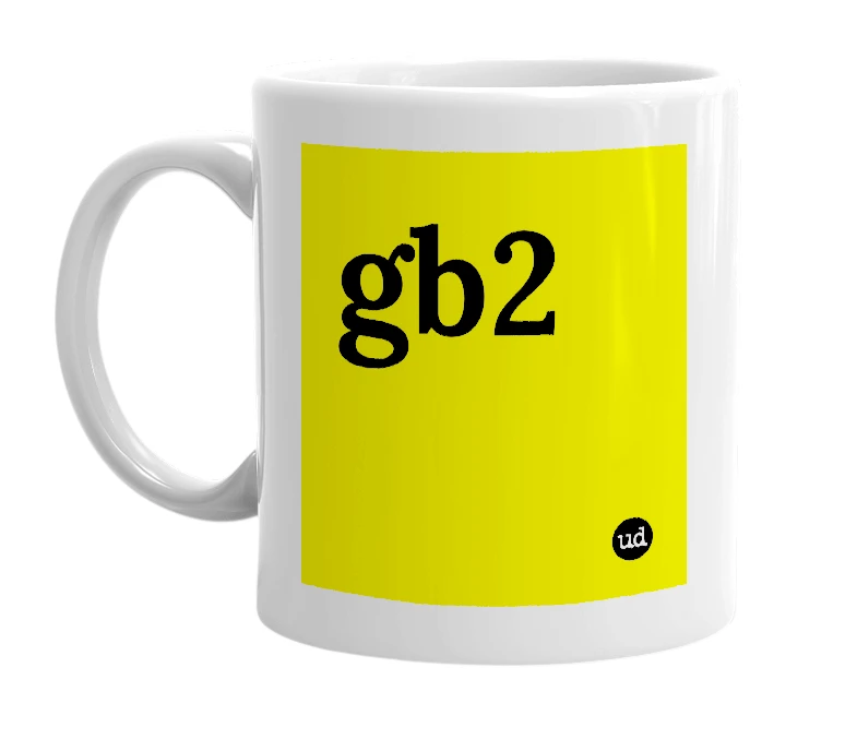 White mug with 'gb2' in bold black letters