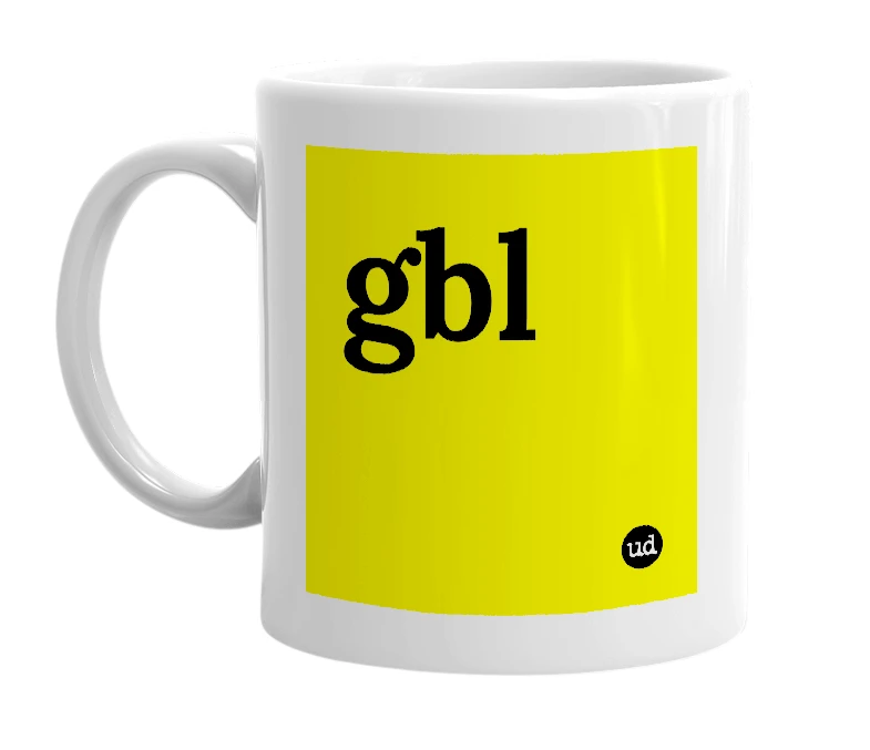 White mug with 'gbl' in bold black letters
