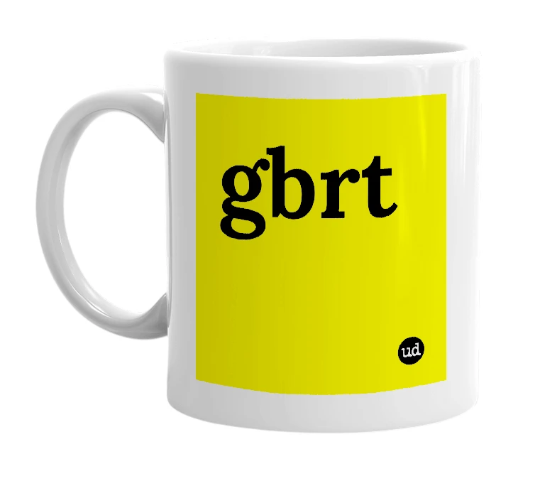 White mug with 'gbrt' in bold black letters