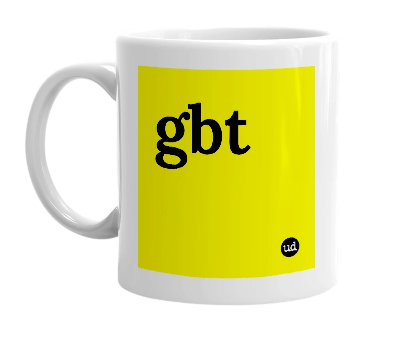 White mug with 'gbt' in bold black letters