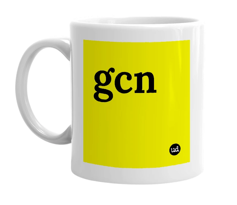 White mug with 'gcn' in bold black letters