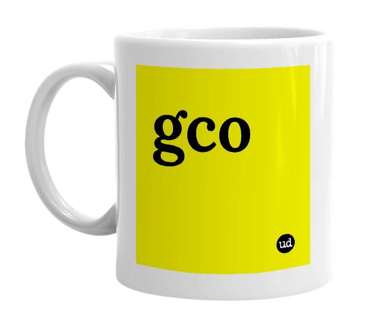 White mug with 'gco' in bold black letters