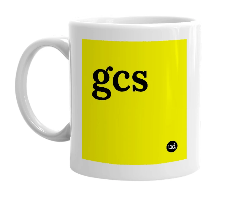 White mug with 'gcs' in bold black letters