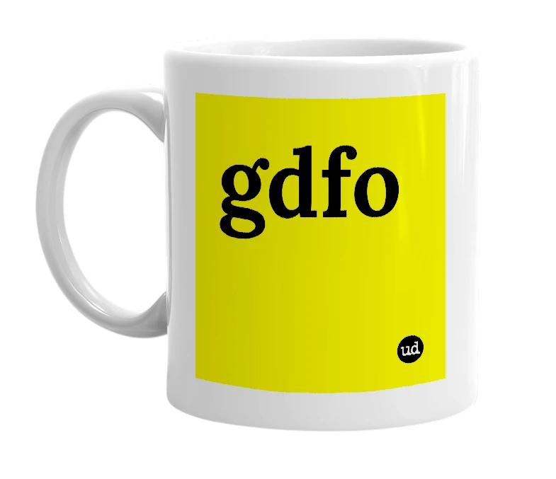 White mug with 'gdfo' in bold black letters