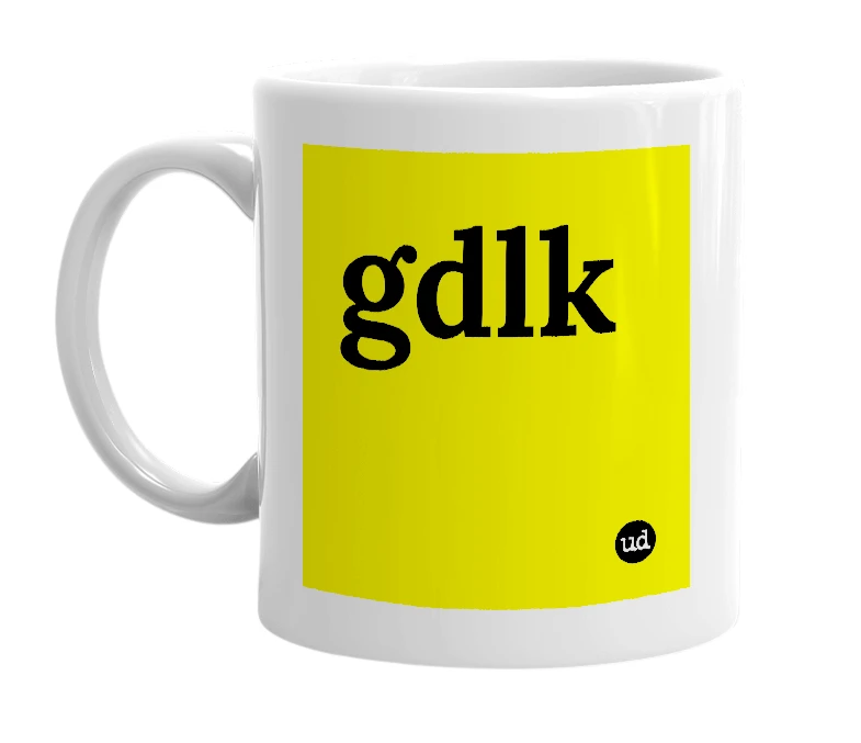 White mug with 'gdlk' in bold black letters