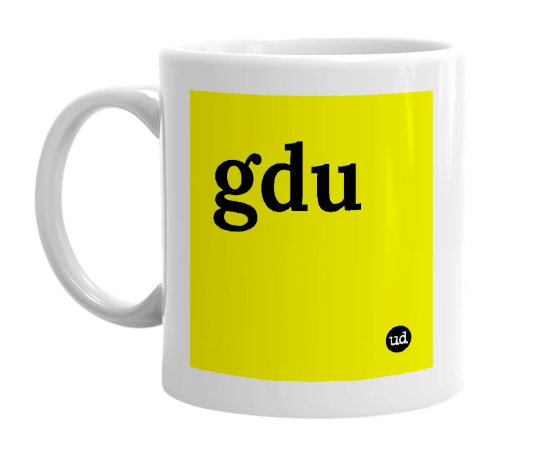 White mug with 'gdu' in bold black letters