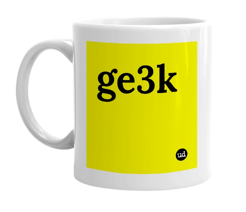 White mug with 'ge3k' in bold black letters