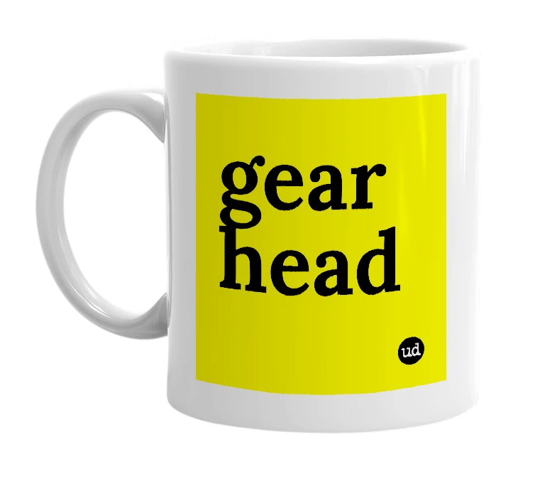 White mug with 'gear head' in bold black letters