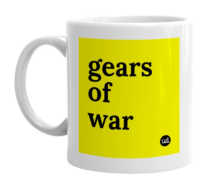 White mug with 'gears of war' in bold black letters