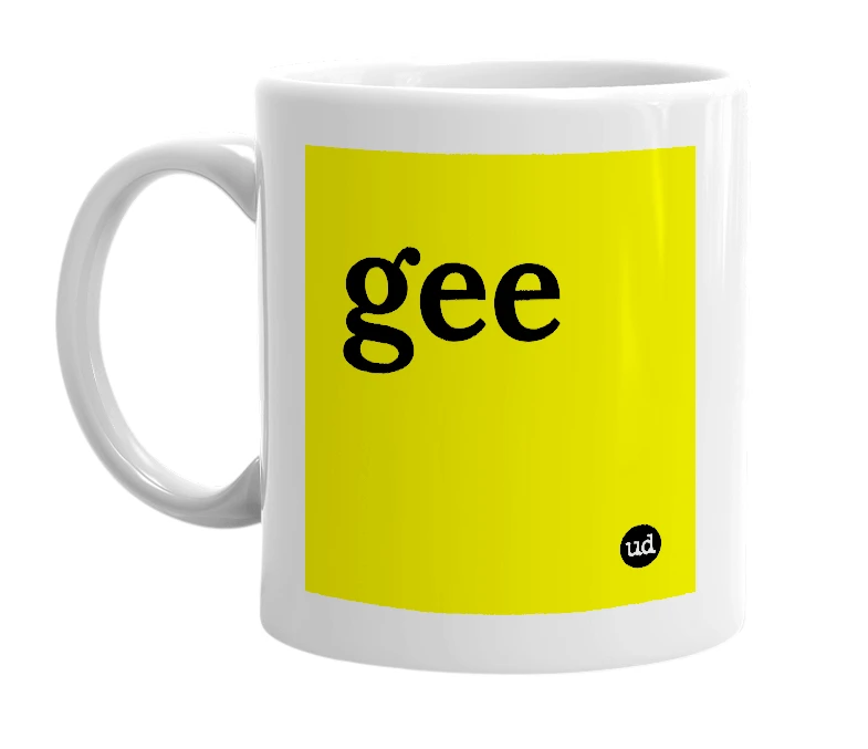 White mug with 'gee' in bold black letters