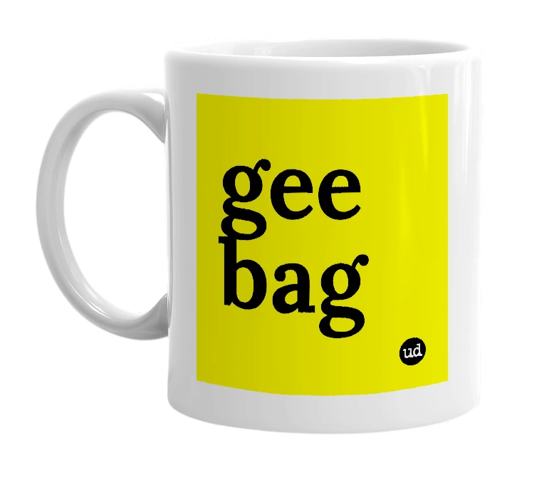 White mug with 'gee bag' in bold black letters